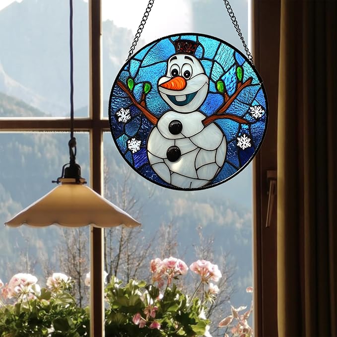 Stained Glass Window Hanging Christmas Funny Snowman 9.8" - Suncatcher Door Garden Blue White Snowflakes Sun Catcher New Year Birthday for Friend Mom Men Woman Nana