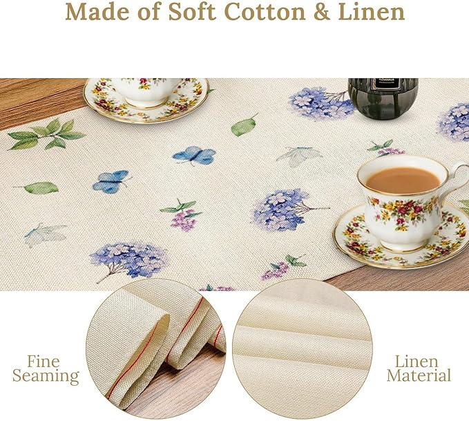 Spring Hydrangea Flower Table Runner, Seasonal Summer Plants Watercolor Florals Butterfly Dinner Runner for Home Kitchen Dining Table Party Holiday Decoration 13"x108"