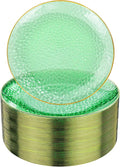 Rubtlamp 100 Pcs Green And Gold Plastic Plates - 10 inch Clear Green Gold Dinner Plates - Hammer Pattern Design - Fancy Disposable Platos - Heavy-Duty Party Platos Ideal for Wedding