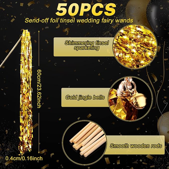 50 Pcs Wedding Fairy Wands with Bells Foil Tinsel Ribbon Stick Wands Tinsel Party Streamers with Bell Glittery Bridal Wedding Send Off Ideas Holiday Celebration (Gold)