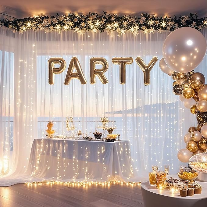 Ledido 10×8ft Tulle Backdrop Curtains with Lights String - 300LED Fairy Lights Sheer Curtain Backdrop for Weddings Baby Shower and Birthday Party Decorations(4 Panels 5×8ft)