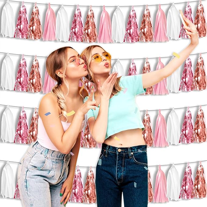 4P Rose-Gold Pink White Foil Fringe Tassel Banner Garland Metallic Tinsel Streamers Wall Hanging Curtain Backdrop for Parade Floats, Graduation 2024, Wedding, Birthday, Retirement Party Decorations