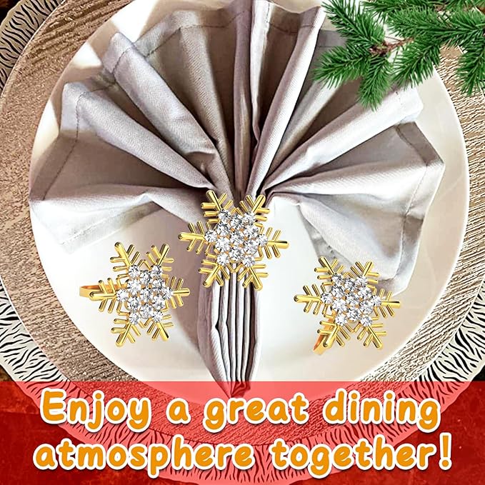 Halatool Christmas Napkin Rings Set of 12, Gold Snowflake with White Rhinestone Napkin Holder for Christmas Thanksgiving Winter Holiday Place Setting, Weddings, Party Table Decoration