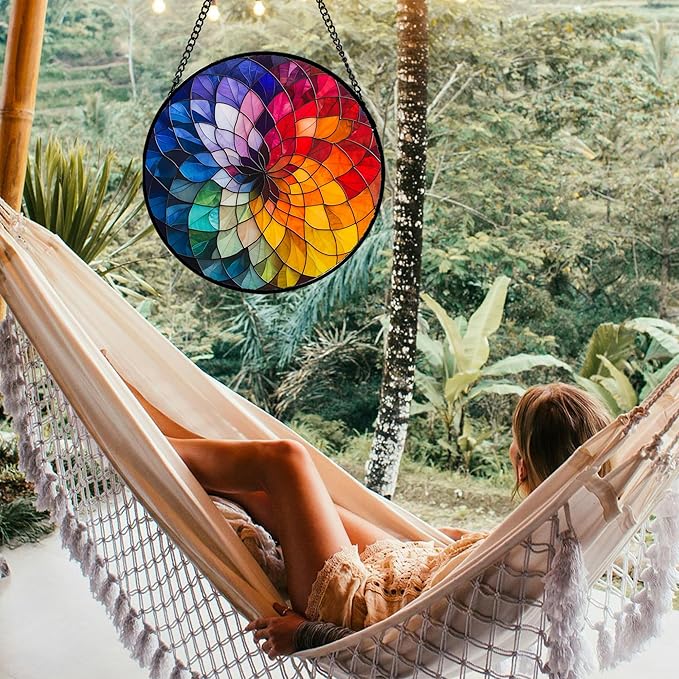 Stained Glass Window Hanging - Colorful Flowers Sun Catcher for Door Terrace Garden Home Decor, Abstract Gradient Suncatcher Birthday Gifts for Lovers Women Men Dad Mom Nana 6.3 in