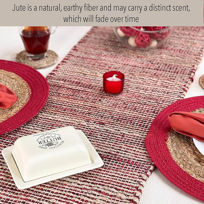 Chardin home Natural Jute Table Runner 13x48 Inch – Vintage Boho Rustic Table Decor – Handwoven Table Runner in Natural Jute and Red – Farmhouse Dining or Console Table Accent