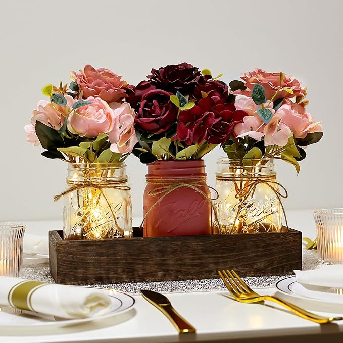 Mason Jar Lights Centerpiece for Table, Mason Jar Centerpiece Decor for Dining Room Farmhouse Coffee Table Decor with Wood Tray Fairy Lights Peony Flowers for Kitchen Living - Burgundy Pink