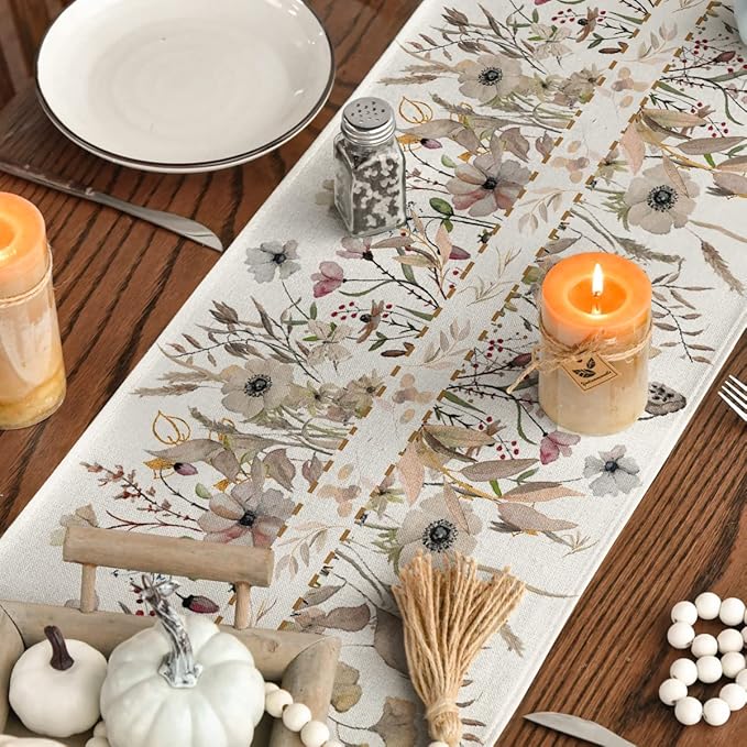 Artoid Mode Wildflower Leaves Floral Fall Table Runner, Autumn Thanksgiving Kitchen Dining Table Decoration for Indoor Outdoor Home Party 13x36 Inch