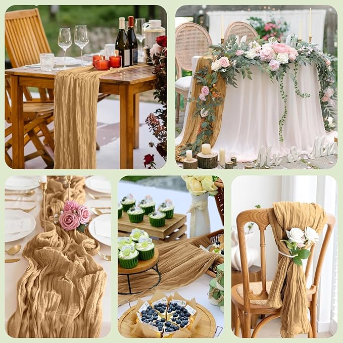 Asee'm 6pcs Cheesecloth Table Runner 120 Inches Long Khaki Boho Gauze Cheese Cloth Runner 10FT Rustic Sheer Table Runners for Christmas Wedding Party Baby Shower Spring Easter Decoration