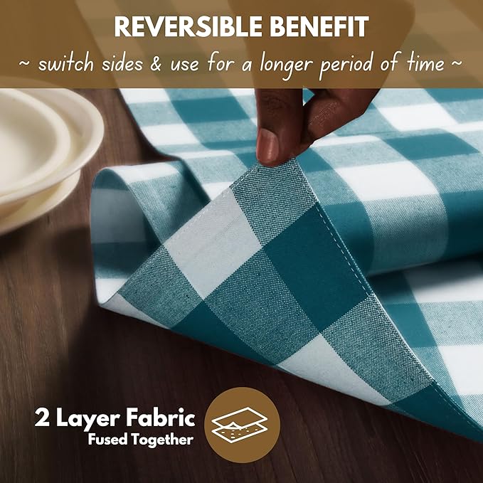 Native Fab Table Runner Buffalo Check Plaid 100% Cotton - 13x72 Inches Kitchen Dining Table Decoration for Indoor Outdoor Farmhouse Home Party Decor - Teal Green and White