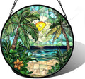 Stained Glass Window Hanging, Green Beach Scenery Suncatcher Diamond Glass Panel Hangings Sun Catchers Decor for Birthday for Women, Men, Wife, Aunt, and Mom 11.8x11.8 in
