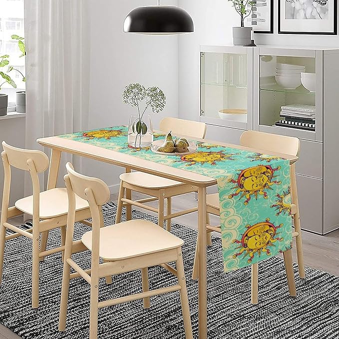 Retro Sun Moon Table Runner, Phase of The Moon Vintage Cloud Table Runner for Kitchen Dinner Living Room Table Runner Yellow Floral, 13x108 Inch Yellow Blue