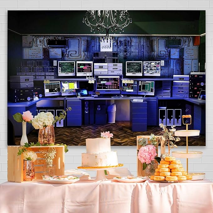 Computer Photo Backdrop Technology Office Backdrop Vintage Blue Background for Boys Party Room Decor Photo Booth Props Supplies YUNBYW010