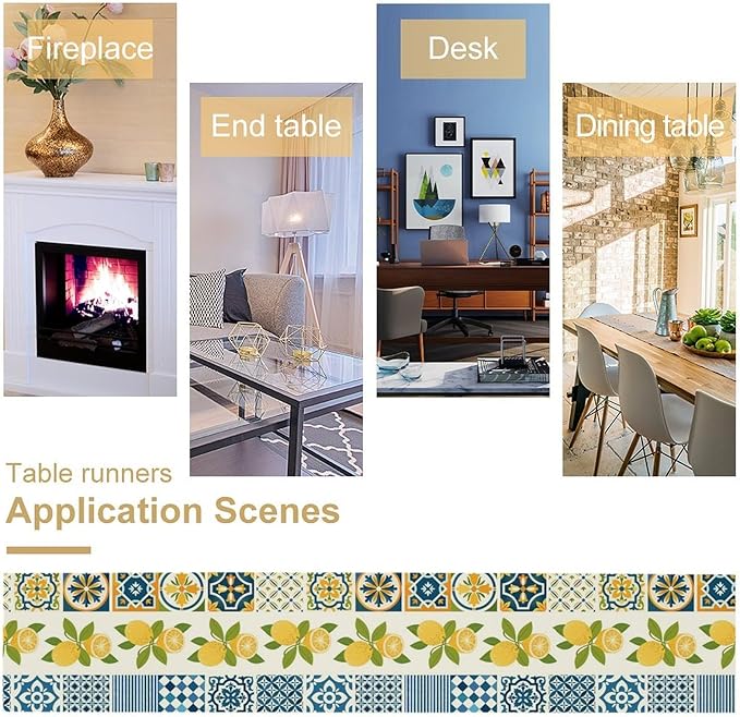 Lemon Table Runner,Watercolor Blue Fruits Green Leaves Print Table Cloth Kitchen Dining Table Home Party Decoration 13x60 Inch