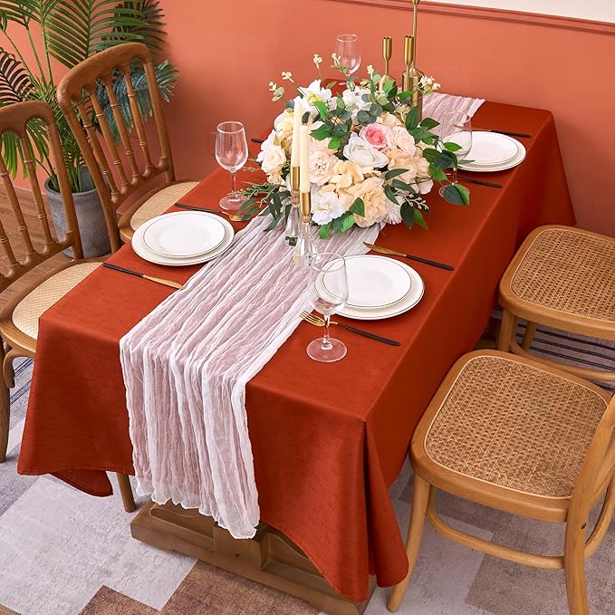 Fitable 2 Pack Faux Linen Fall Tablecloths, Wrinkle Proof Fabric Rectangle Table Cloth, Burlap Textured Table Covers for Thanksgiving Holiday Autumn Dinner Party Farmhouse (Rust, 54 x 78 Inch)