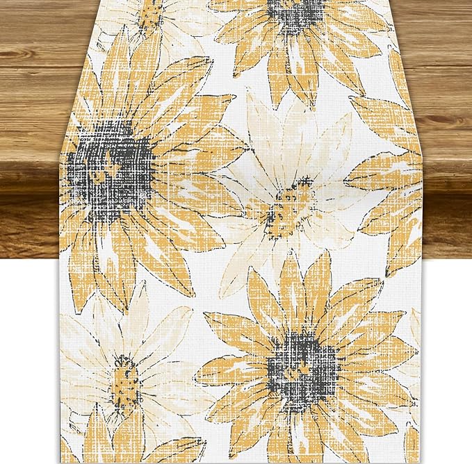 Chrysanthemum Vintage Floral Table Runner, Elegant Grunge Orange Sunflower Spring Summer Elegant Pattern Artichokes Flower Table Runner for Party Kitchen Dining Living Room Decor, 13x90 Inch