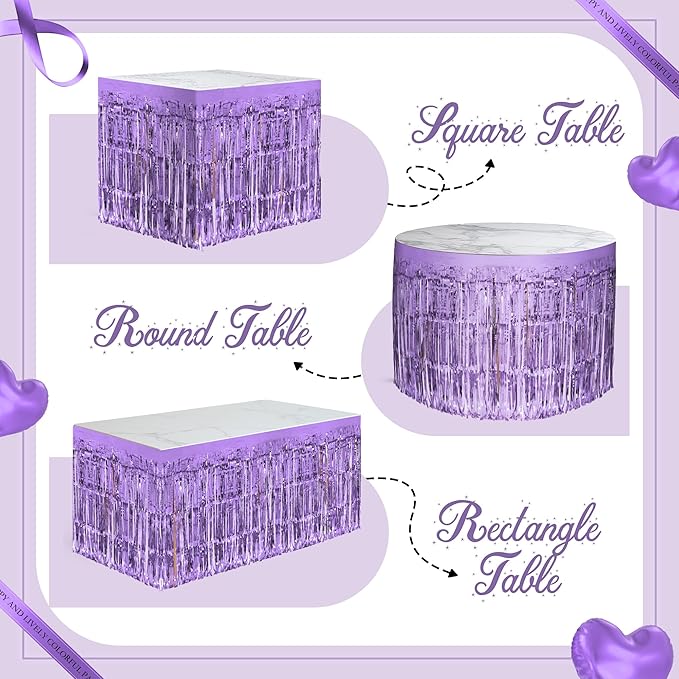 2 Pack Light Purple Table Skirts, 29x108" Metallic Foil Tinsel Fringe Table Skirts for Rectangle Tables Streamer Curtains Backdrop, Party Decorations for Birthdays Weddings Holidays