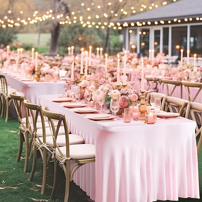 Wish Care 6 Pack Pink Spandex Table Clothes for 6 Foot Rectangle Tables, 6FT Wrinkle Free Fitted Tablecloths Ruffles Design Table Cover for Party, Banquet, Wedding and Events