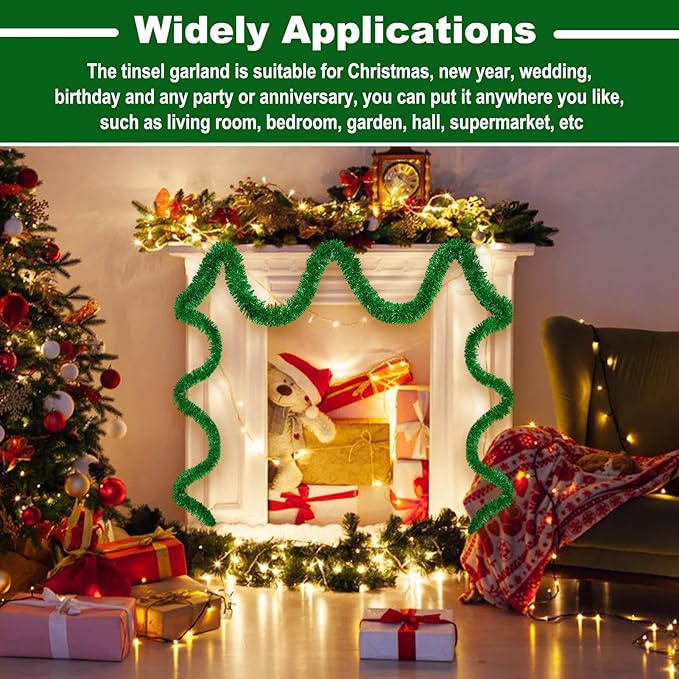 25 Feet Metallic Twist Tinsel Garland Backdrop for Parade Floats, Christmas Eve, New Year, Valentine's Day Party Decorations (Green, 4in x 25ft)