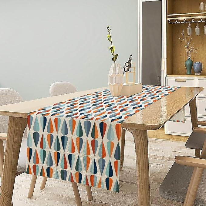 Mid Century Table Runner, Modern Style Retro Pattern Droplet Shapes Mosaic Tones Pattern Print for Home Kitchen Table Decor Dining Coffee Room Party Decor 13x36in