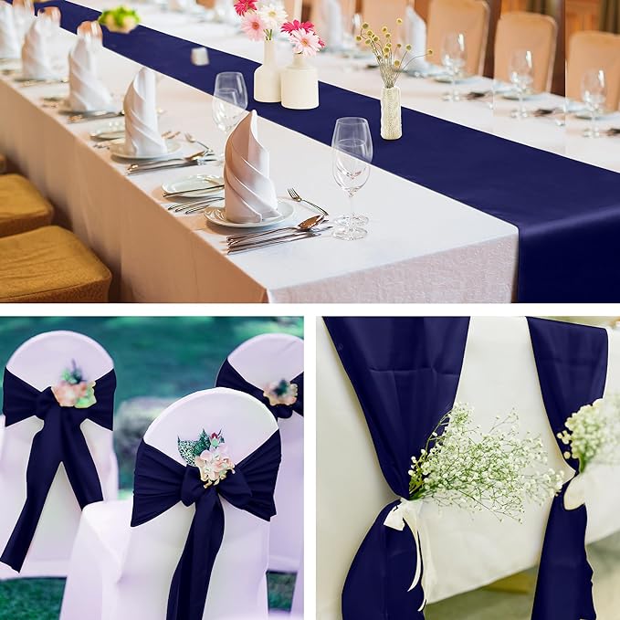 Aneco 16 Pack Satin Table Runner 12 x 108 Inch Navy Blue Long Wedding Satin Silk Table Runner for Wedding Banquet Graduations Birthday Party Decoration