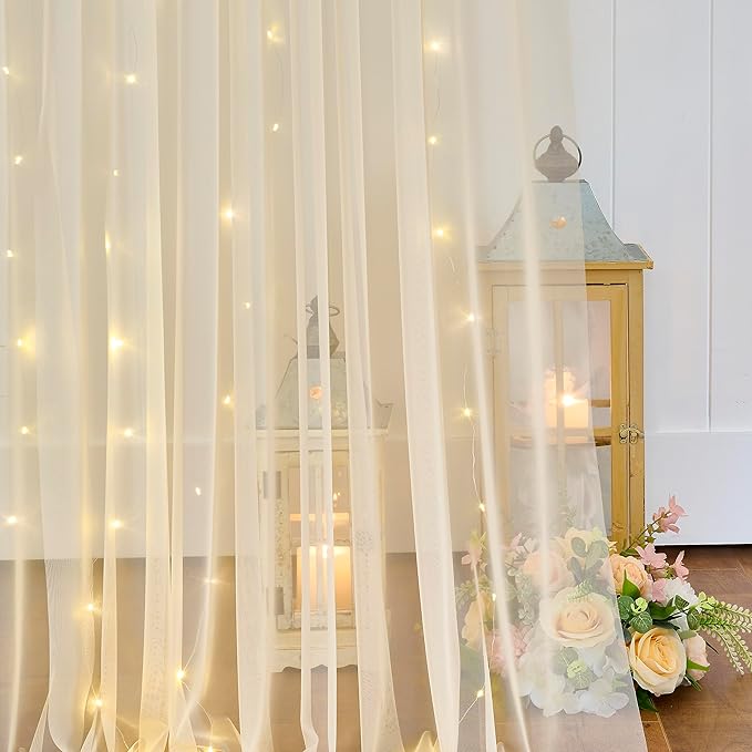 Champagne Backdrop Curtains with Lights String for Wedding Parties 10×10ft Sheer Tulle Backdrop Curtain for Bridal Shower Baby Shower Birthday Party Photo Shoot Decorations 2 Panels 5×10ft