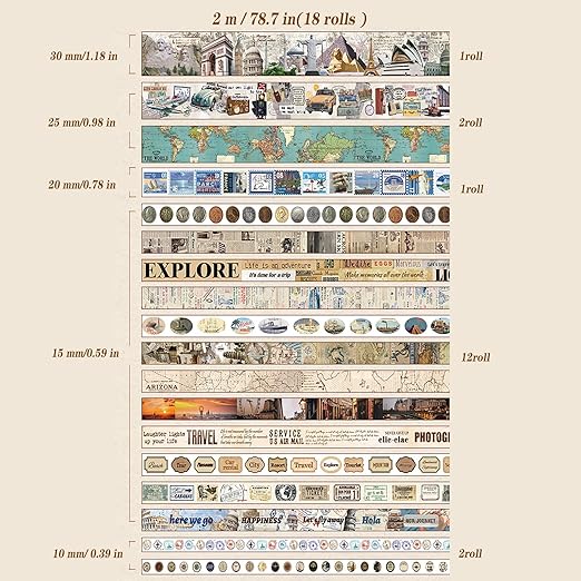 18 Rolls Travel Washi Tape Set journaling Tape for Crafts and Journaling DIY Scrapbook Tape for journaling Scrapbooking Supplies washi Tape for Scrapbooking