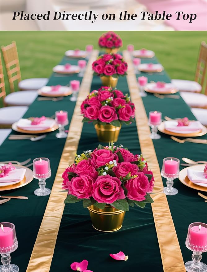 BLOSMON Pink Roses Artificial Flowers: 6 Pcs Hot Pink Fake Flower Balls for Wedding Dinning Table Centerpieces - Fake Silk Kissing Bouquet Floral Arrangement for Home Party Event Decor