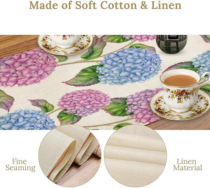 Spring Hydrangea Flower Table Runner, Seasonal Summer Plants Watercolor Pink Purple Florals Dinner Runner for Home Kitchen Dining Table Party Holiday Decoration 13"x108"