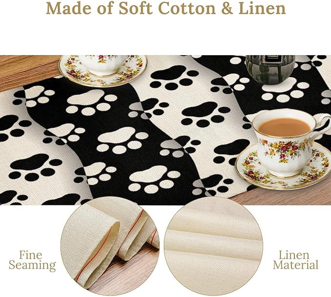 Dog Paw Table Runner,Kid Cute Animal Footprint Black White Theme Design Print Tablecloth Burlap for Hotel Indoors Outdoor Dining Room Kitchen Home Decor,W13X L90 in