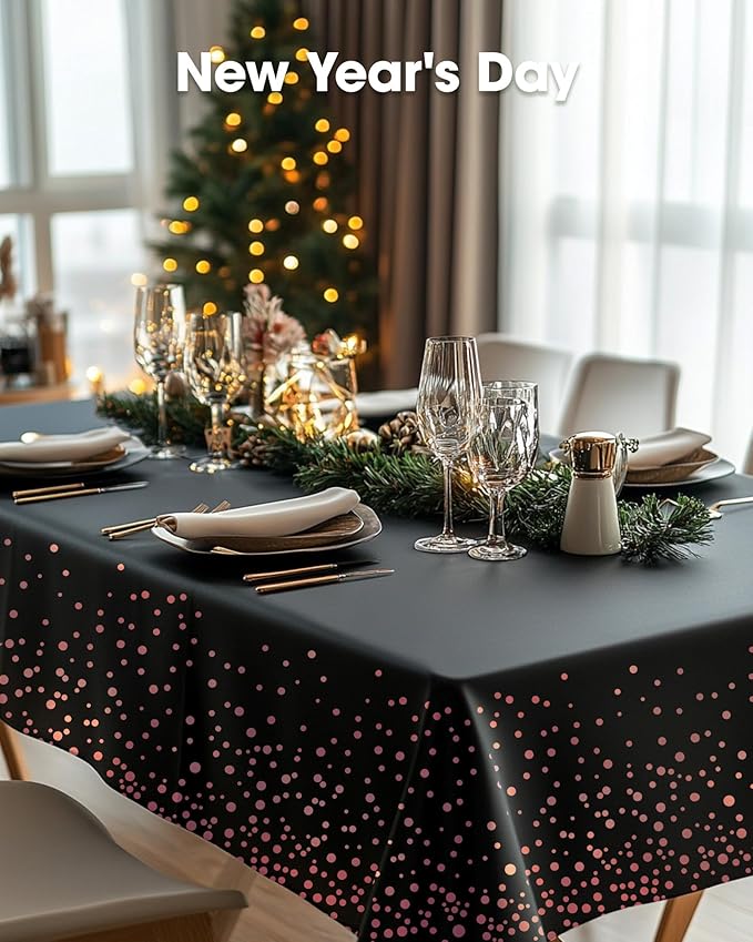 Pureegg Plastic Table Cloth Disposable 10 Pack, 54 x 108 Inch Table Cloths, Graduation Decorations of 2025, Graduation Tablecloths, Rectangle, Plastic Cover, Leakproof & Sturdy, Black and Rose Gold