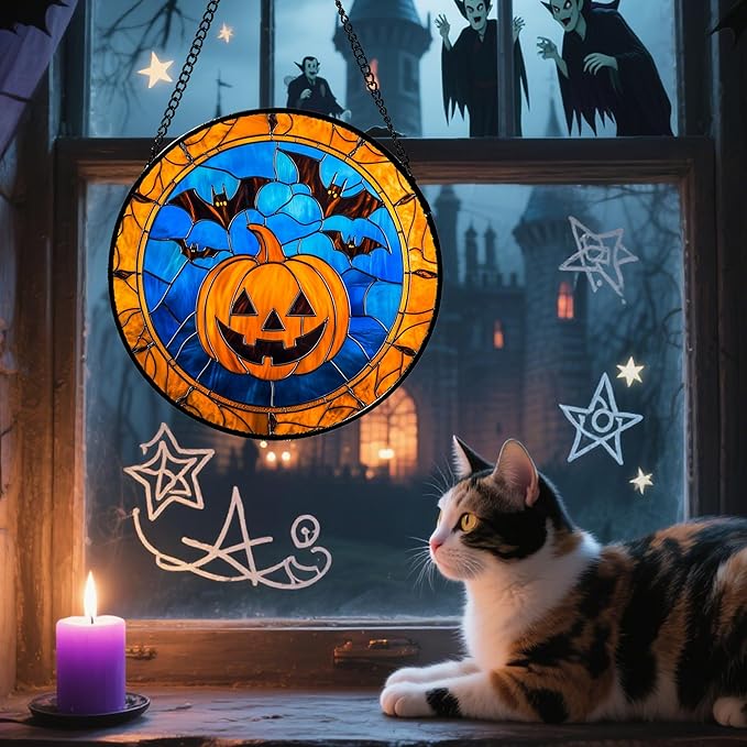 Stained Glass Window Hanging - Halloween Evil Pumpkin Suncatcher for Doors Window Garden Indoor Spooky Brown Bat Sun Catchers Gothic Decor Horror Gifts for Women Men Friend Boy Girl 7.8 in