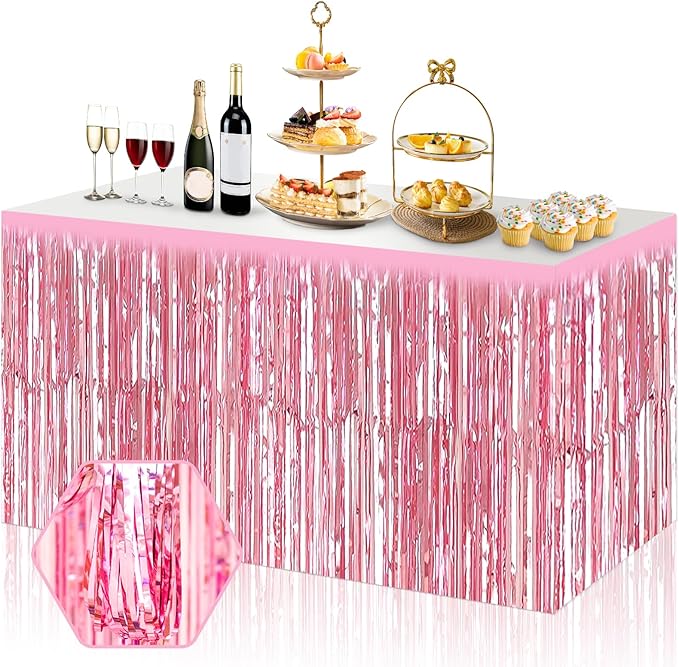 3 Pack 29x108 Inch Pink Foil Fringe Table Skirts Metallic Banner for Tinsel Streamer Garland Backdrop for Parade Floats Wedding Thanksgiving Birthday Christmas Halloween Party Decoration