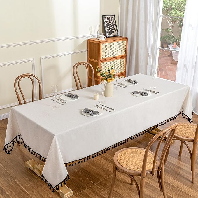 MYSKY HOME Table Cloth 60x84 in Rectangle Table, Cotton Tassel Linen Look Waterproof Tablecloths Farmhouse Tablecloth, Wrinkle Free Table Cover with Black Tassels for Kitchen Dining, Party