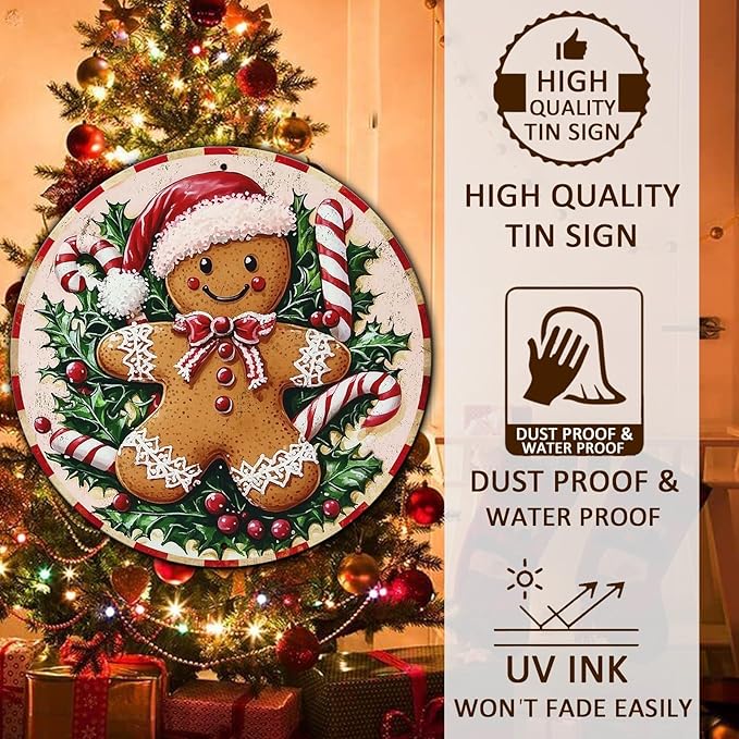 Round Christmas Metal Tin Sign Rustic Wall Decor Gingerbread Man Vintage Tin Sign Candy Canes Christmas Tin Sign for Home Garden Kitchen Bar Cafe Restaurant Garage Wall Decor 12 * 12 in