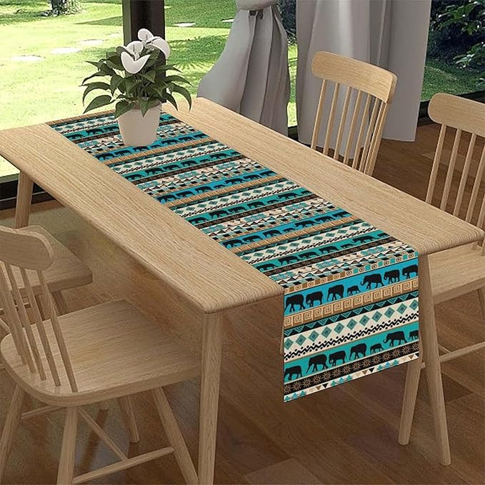 Boho Table Runner, Rustic Aztec Blue Teal African Elephant Tribal Ethnic Native Farmhouse Table Center Decor for Home Kitchen Dining Patio Holiday Party Indoor Outdoor Table Decorations, 13"x90" Inch