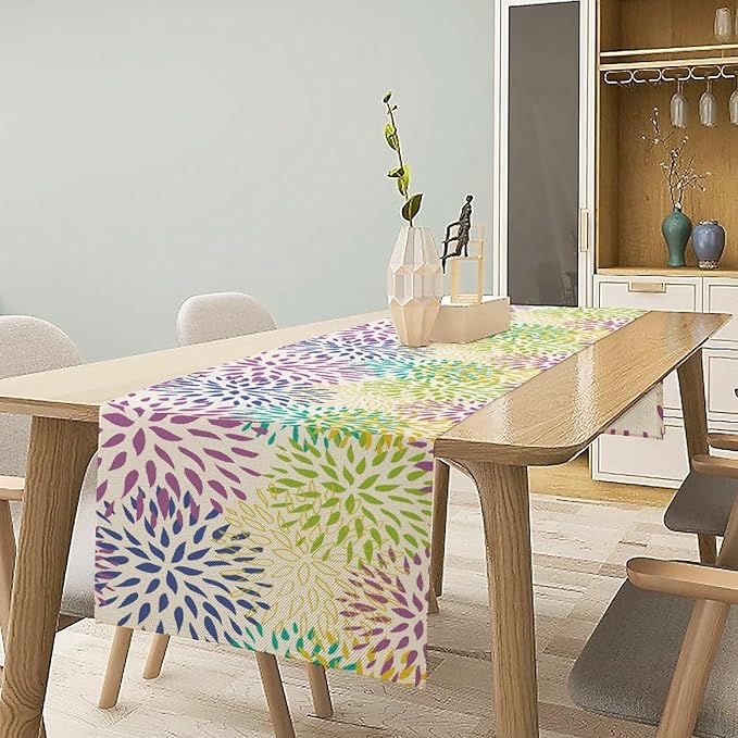 Purple Flowers Table Runner, Chrysanthemum Dahlia Vintage Modern Colorful Spring Summer Elegant Table Runner for Party Kitchen Dining Living Room Laundry Room Decor, 13x70 Inch