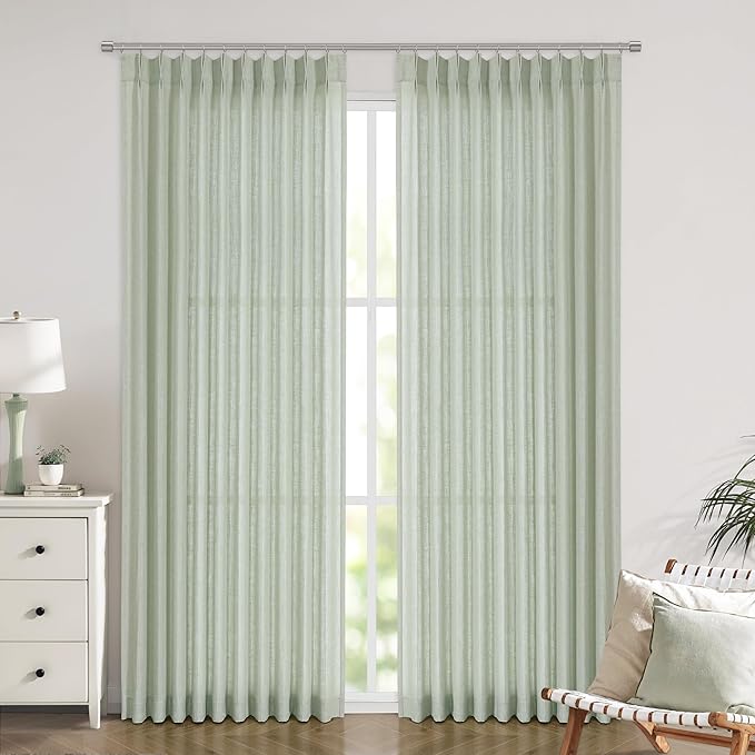 Vision Home Light Green Pinch Pleated Semi Sheer Curtains Textured Linen Blended Light Filtering Window Curtains 84 inch for Living Room Bedroom Patio Pinch Pleat Drapes with Hooks 1 Panel 60" Wx84 L