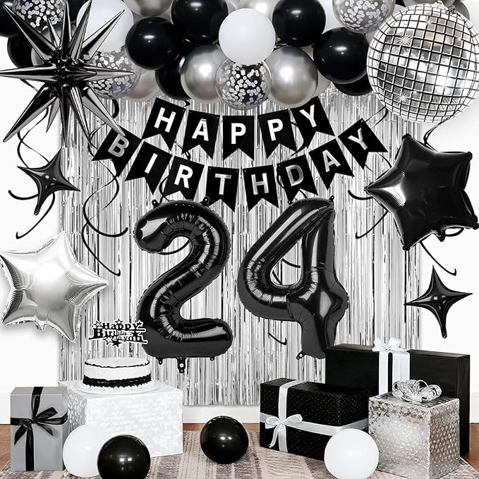 24th Birthday Decorations for Men Women, Black Silver Happy Birthday Party Decorations， 24 Year Old Party Supplies with Number 24 Balloons, Banner, Fringe Curtains Kit