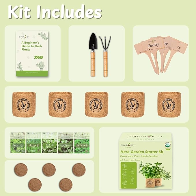 5 Herb Indoor Garden Kit-Burlap Pots, Organic Seeds & Complete Growing Herb Garden Set, Easy Kitchen Garden, Unique Seeds Starter kit, Basil, Parsley, Chives, Cilantro, Dill