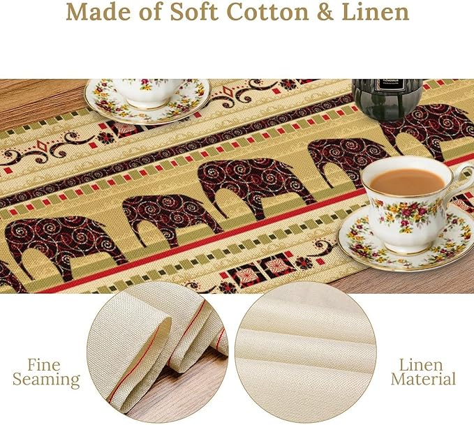 Boho Elephant Table Runner, Vintage Tribal Traditional Bohemian African Animals Ethnic Folk Table Center Decor for Home Kitchen Dining Patio Holiday Party Indoor Table Decorations, 13"x72" Inch
