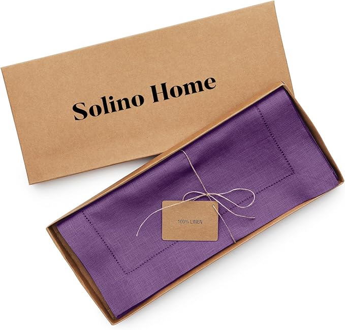 Solino Home Linen Table Runner 120 Inches Long - Classic Hemstitch 100% Pure Linen Purple Dining Table Runner 14 x 120 Inch for Fall, Autumn, Halloween, Thanksgiving, Holiday