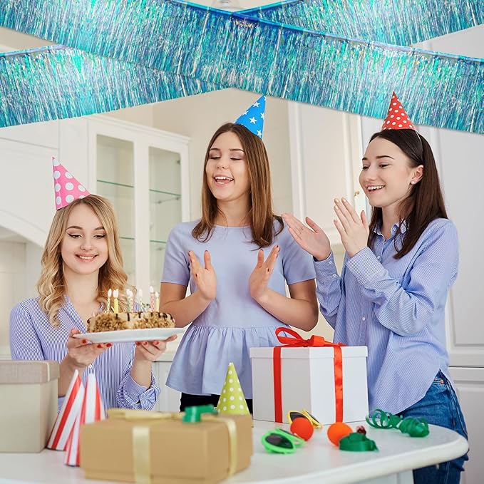 Iridescent Birthday Decorations Tinsel Garland Parade Float Decorations for Trailer 4Pack 12FT Christmas Party Decor Ceiling Fringe Banner Silver Backdrop for Streamers Party Decorations