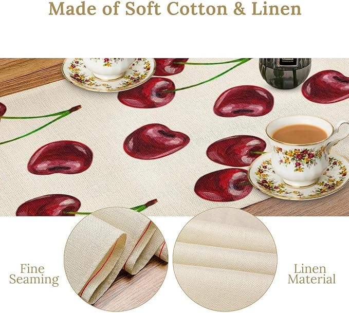 Red Cherry Table Runner Watercolor Spring Summer Wild Berry Tropical Fruit Theme Dinner Runner for Girl Baby Shower Party Holiday Home Kitchen Dining Table Decor 13x60