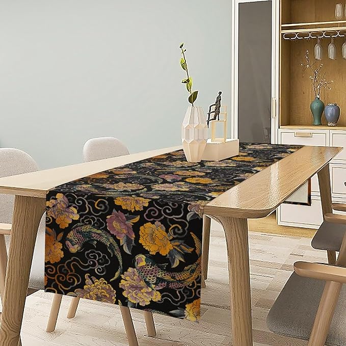 Japanese Table Runner Retro Flowers Oriental Tradition Kio Fish Art Printed Burlap Runner Home Kitchen Dining Table Living Room Decor Fabric 1 Panel W13xL120in