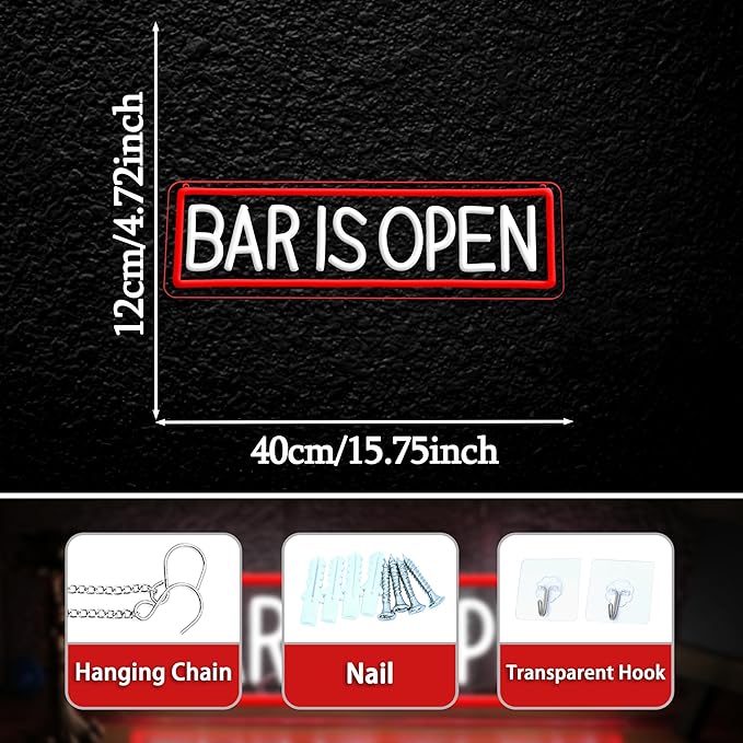 Bar Is Open Neon Sign for Wall Decor,USB Powered Led Bar Neon Sign Open Light up Sign for Pub Beer Party Business Window(15.75 * 4.72In)