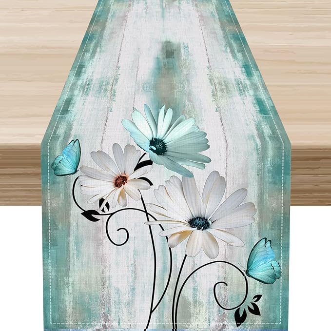 Daisy Floral Table Runner, Rustic Seasonal Spring Wild Flower Rustic Blue Wood Farmhouse Table Center Decor for Home Kitchen Dining Patio Holiday Party Indoor Outdoor Table Decorations, 13"x108" Inch