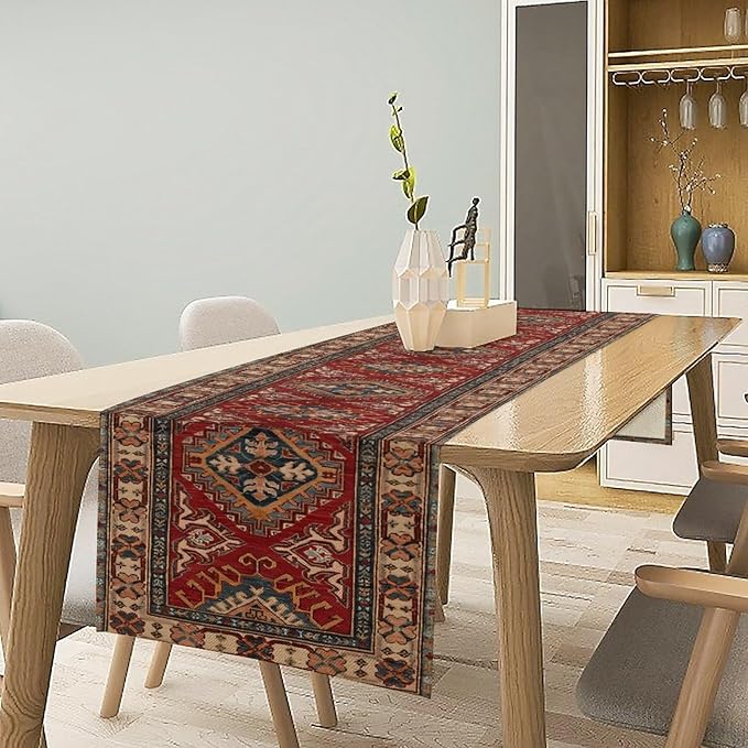 Boho Floral Vintage Table Runner, Red Grey Retro Flower Rustic Country Farmhouse Abstract Pattern for Home Kitchen Table Decor Dining Coffee Room Party Decor 13x60in