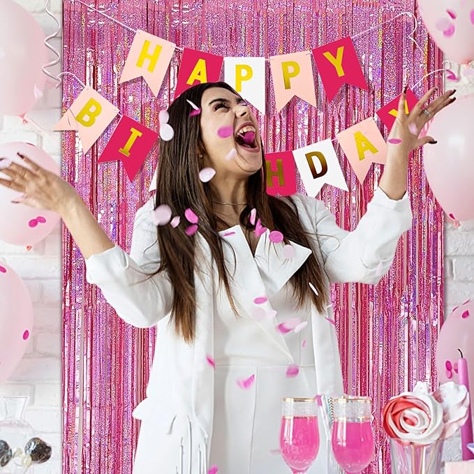 10 Pack Pink Metallic Tinsel Photo Backdrop for Wedding Engagement Baby Shower Bachelorette Christmas Celebration Birthday Party Decorations