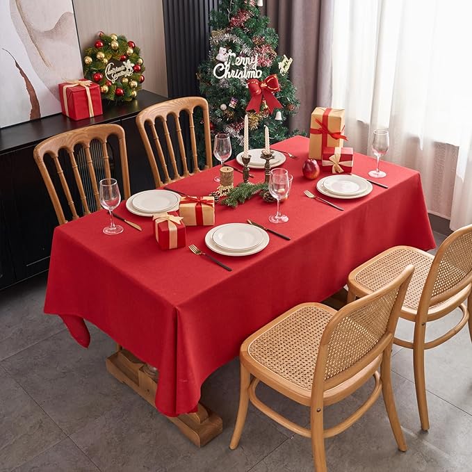 NLMUVW Red Linen Tablecloth Rectangle, Christmas Table Cloth Water Resistant Textured Table Cover for Kitchen Dining Coffee Party, 54 x 120 Inch