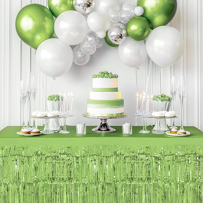 8 Pack Light Green Table Skirts, 29x108" Metallic Foil Tinsel Fringe Table Skirts for Rectangle Tables Streamer Curtains Backdrop, Party Decorations for Birthdays Weddings Holidays